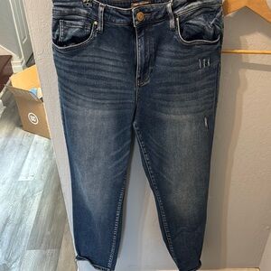 Blue Ankle Cropped Jeans with Distressed Details